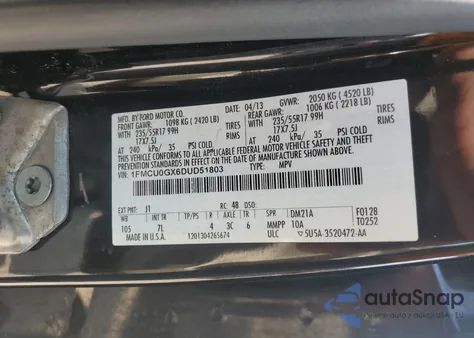 2013 Ford Escape Se z USA, uszkodzony, nr VIN 1FMCU0GX6DUD51803